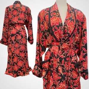 90s Victoria’s Secret Silky Satin Red Floral Vintage Lounging Kimono Maxi Robe